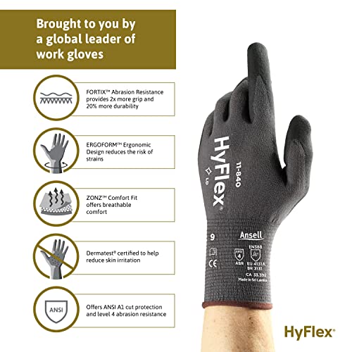 Ansell HyFlex 11-840 Ergonomic Abrasion-Resistant Nylon Spandex Nitrile Coated Industrial Gloves for Automotive, Fabrication - Large (9) Grey (144 Pairs)