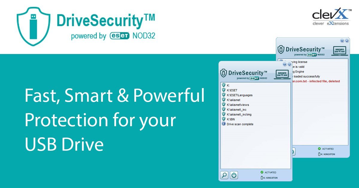 ClevX DriveSecurity powered by ESET - Personal Edition - Automatic Malware (Antivirus) Protection for portable drives - 1 year, for 1 portable USB Flash drive or external HDD/SSD device [Online Code]