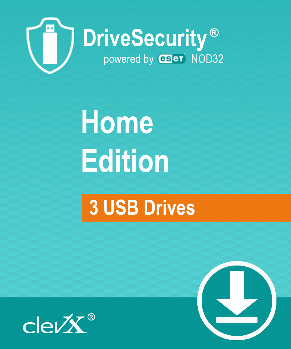 ClevX DriveSecurity powered by ESET - Home Edition - Automatic Malware (Antivirus) Protection for portable drives - 1 year, for up to 3 portable USB Flash drives or external HDD/SSD devices [Online Code]