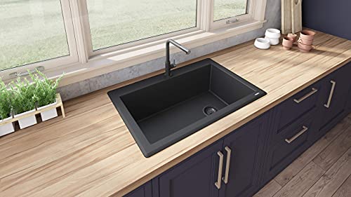 Ruvati 33 x 22 inch Drop-in Topmount Granite Composite Single Bowl Kitchen Sink Slope Bottom - Midnight Black - RVG1033BK