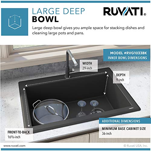 Ruvati 33 x 22 inch Drop-in Topmount Granite Composite Single Bowl Kitchen Sink Slope Bottom - Midnight Black - RVG1033BK