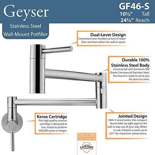 Geyser GF46-S Andorra Series Stainless Steel Wall Mount Two Handle Pot Filler Faucet (Brushed Stainless Steel Finish)