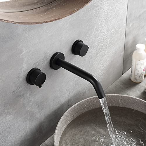 SMALIIBUSS Wall Mount Faucet,Black Wall Faucet Mounted Bathroom Sink Faucets,Double Handle 3 Hole Wall Mount Tub Faucet,Lavatory Basin Sink Mixing Faucet with Rough in Valve.