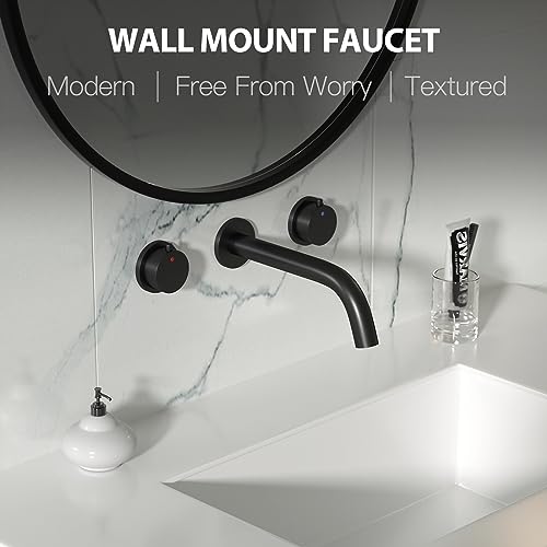 SMALIIBUSS Wall Mount Faucet,Black Wall Faucet Mounted Bathroom Sink Faucets,Double Handle 3 Hole Wall Mount Tub Faucet,Lavatory Basin Sink Mixing Faucet with Rough in Valve.