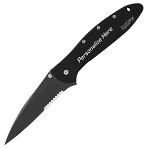 kershaw custom laser engraved leek knife 1660cktst black handle with black serrated edge blade