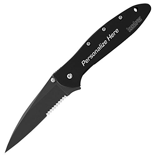 Kershaw Custom Laser Engraved Leek Knife 1660CKTST Black Handle with Black Serrated Edge Blade