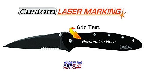 Kershaw Custom Laser Engraved Leek Knife 1660CKTST Black Handle with Black Serrated Edge Blade