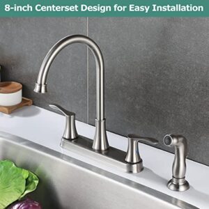 PARLOS 8 Inch Two Handles High Arch Kitchen Sink Faucet with Side Sprayer & Supply Lines, Brushed Nickel, Demeter 14138