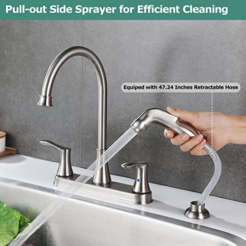 PARLOS 8 Inch Two Handles High Arch Kitchen Sink Faucet with Side Sprayer & Supply Lines, Brushed Nickel, Demeter 14138