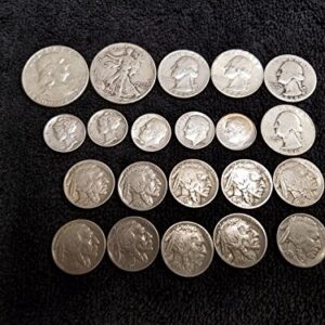 1913 to 1964 U.S. Silver Type Coin Set -Walking Liberty Half, Franklin Half, 4-Washington Quarters, 3=Mercury Dimes, 2-Roosevelt Dimes & 10-Buffalo Nickels - a total of 21 Coins - (1/2) US Mint - All VG to XF