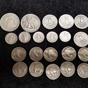 1913 to 1964 U.S. Silver Type Coin Set -Walking Liberty Half, Franklin Half, 4-Washington Quarters, 3=Mercury Dimes, 2-Roosevelt Dimes & 10-Buffalo Nickels - a total of 21 Coins - (1/2) US Mint - All VG to XF