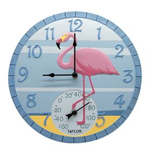 taylor flamingo poly resin indoor and outdoor clock and thermometer, 14 inch, multi-color