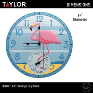 Taylor Flamingo Poly Resin Indoor and Outdoor Clock and Thermometer, 14 Inch, Multi-Color