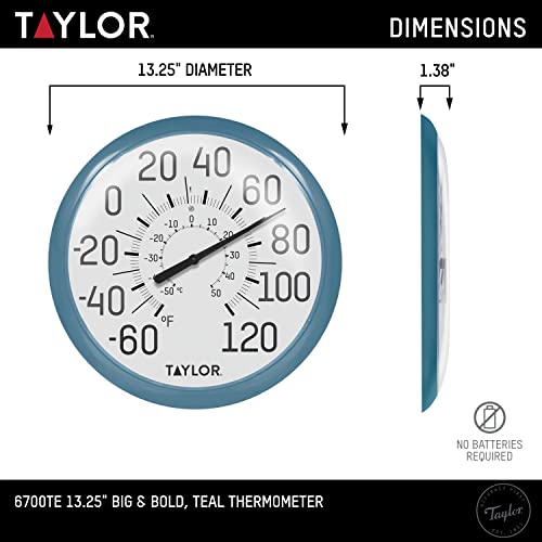 Taylor Big and Bold Wall Indoor Outdoor Thermometer, 13.25 inch, Teal