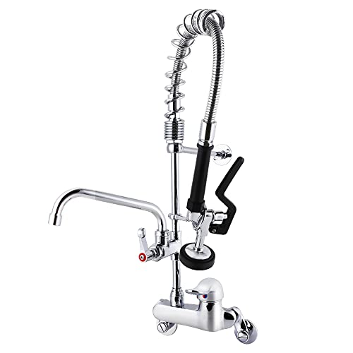 MaxSen Wall Mount Commercial Sink Faucet with Sprayer 4-8 Inch Adjustable Center 25'' Height Brass Faucet Body 8 Inch Swing Spout fit for Compartment Sink in Bar or Restaurant(M6810-1P)