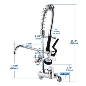 MaxSen Wall Mount Commercial Sink Faucet with Sprayer 4-8 Inch Adjustable Center 25'' Height Brass Faucet Body 8 Inch Swing Spout fit for Compartment Sink in Bar or Restaurant(M6810-1P)