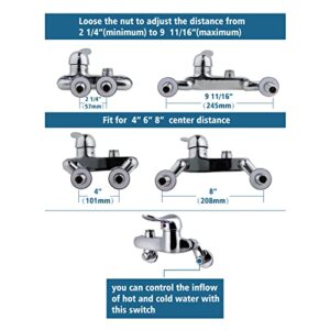 MaxSen Wall Mount Commercial Sink Faucet with Sprayer 4-8 Inch Adjustable Center 25'' Height Brass Faucet Body 8 Inch Swing Spout fit for Compartment Sink in Bar or Restaurant(M6810-1P)