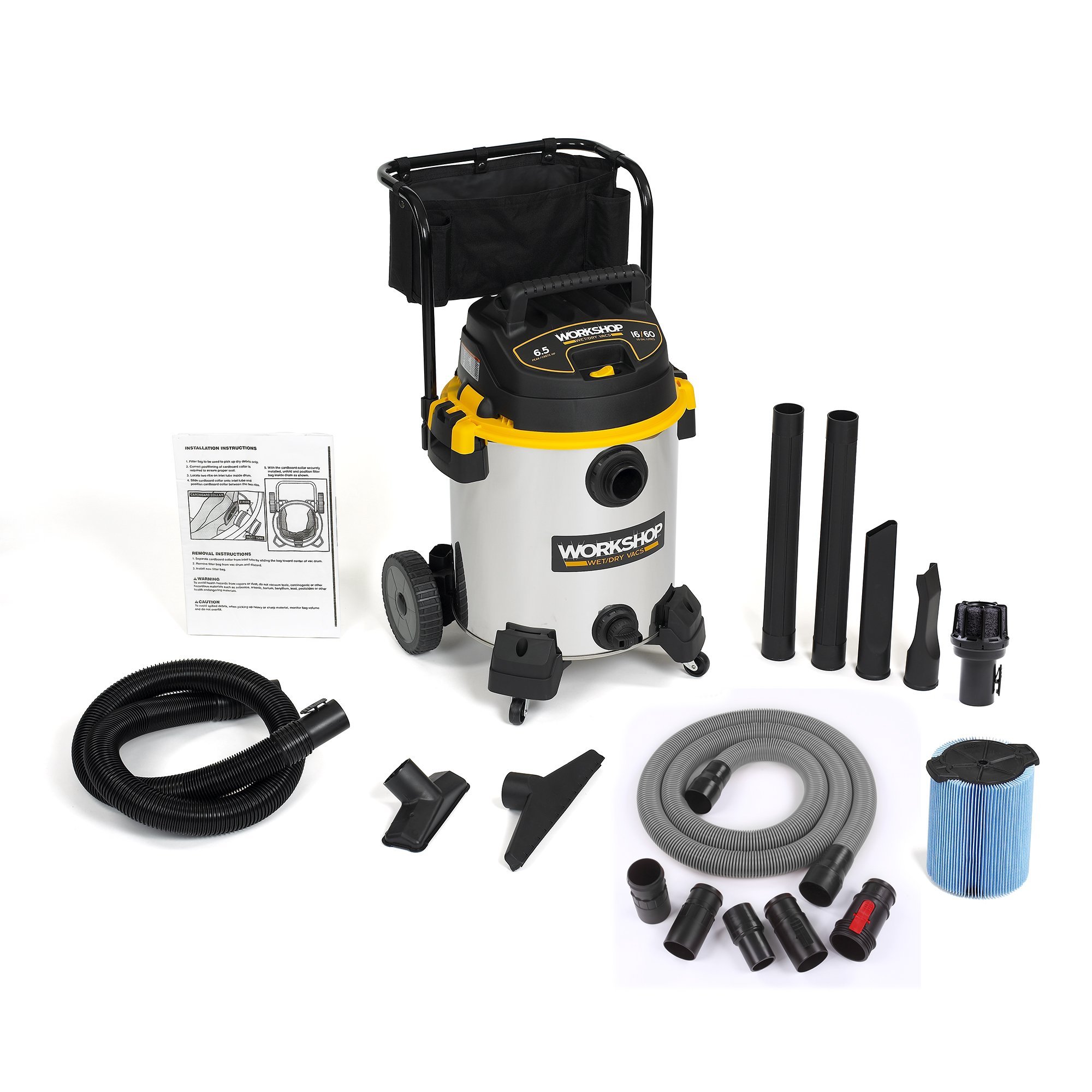 WORKSHOP Wet/Dry Vacs WS1600SS Stainless Steel 6.5-Peak Wet Dry Vacuum Cleaner, 16 Gallon w/ attachment and hose