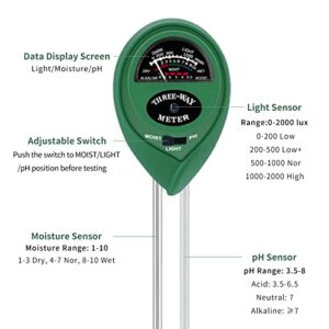 Soil PH Meter Soil Moisture Sensor 3-in-1 Soil Moisture/Light/pH Test Kit for Indoor/Outdoor Plants Care(No Battery Needed)