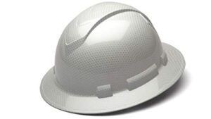 pyramex ridgeline full brim hard hat, 4-point ratchet suspension, shiny white graphite pattern