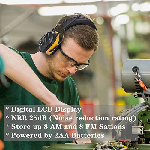 PROTEAR Digital AM FM Radio Headphones, Ear Protection Noise Reduction Earmuffs, 25dB NRR Hearing Protectors for Lawn Mowing and Landscaping(Yellow)