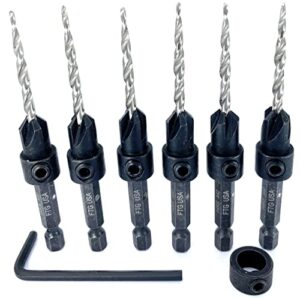 ftg usa countersink drill bit set 6 pc #6 (9/64") wood countersink drill bit pro pack countersink set, tapered countersink bit, 1 stop collar, hex wrench, woodworking countersink drill bits