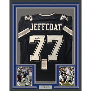framed autographed/signed jim jeffcoat 33x42 dallas cowboys blue football jersey jsa coa