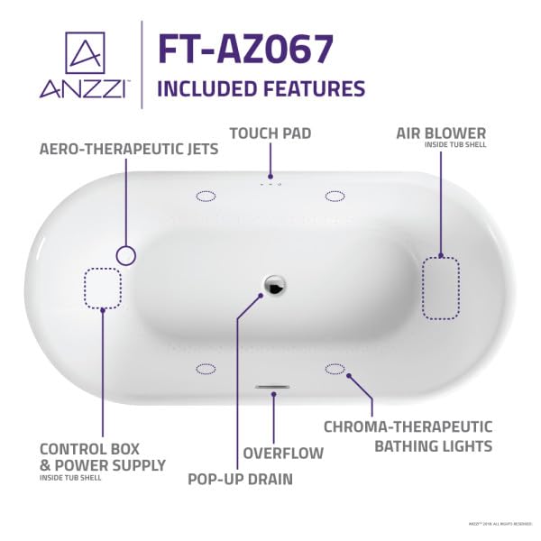 ANZZI 67" Freestanding Jetted Bathtub - White Acrylic Air Jetted Free standing Bath tub - Jerico Series Soaking Tub, Drain and Overflow, Light Up Control Pad - Luxury Spa Experience at Home