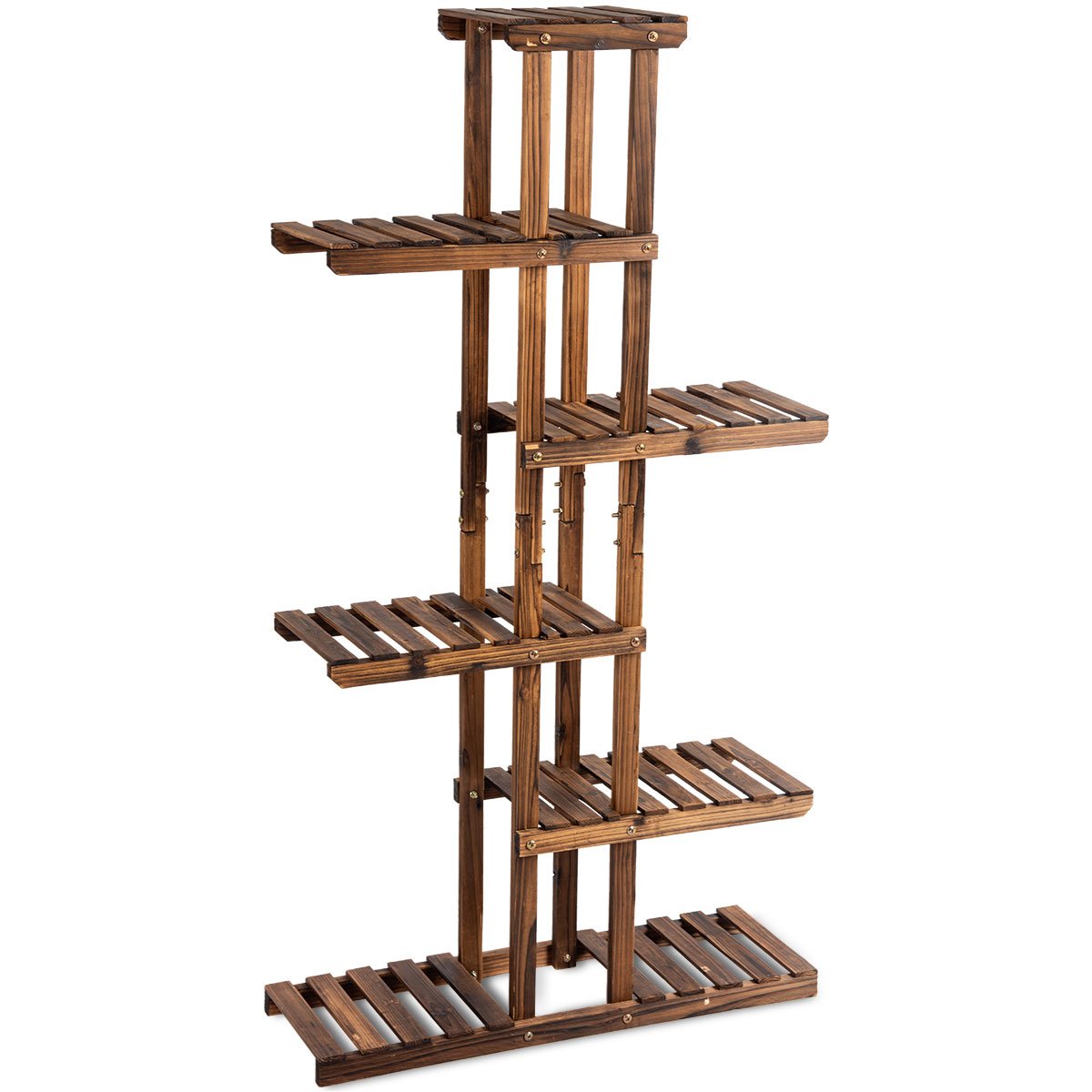 Giantex Flower Rack Wood Plant Stand 7 Wood Shelves 11 Pots Bonsai Display Shelf Indoor Outdoor Yard Garden Patio Balcony Living Room Multifunctional Storage Rack Bookshelf W/Hollow-Out Rack