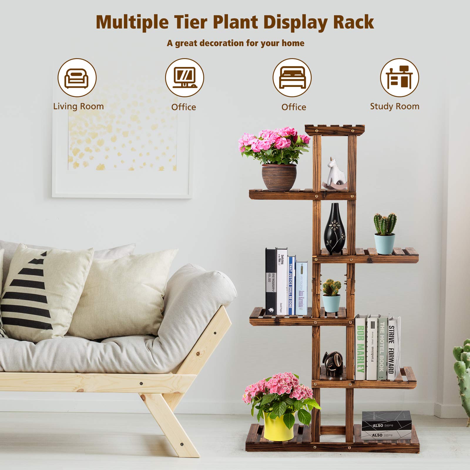 Giantex Flower Rack Wood Plant Stand 7 Wood Shelves 11 Pots Bonsai Display Shelf Indoor Outdoor Yard Garden Patio Balcony Living Room Multifunctional Storage Rack Bookshelf W/Hollow-Out Rack