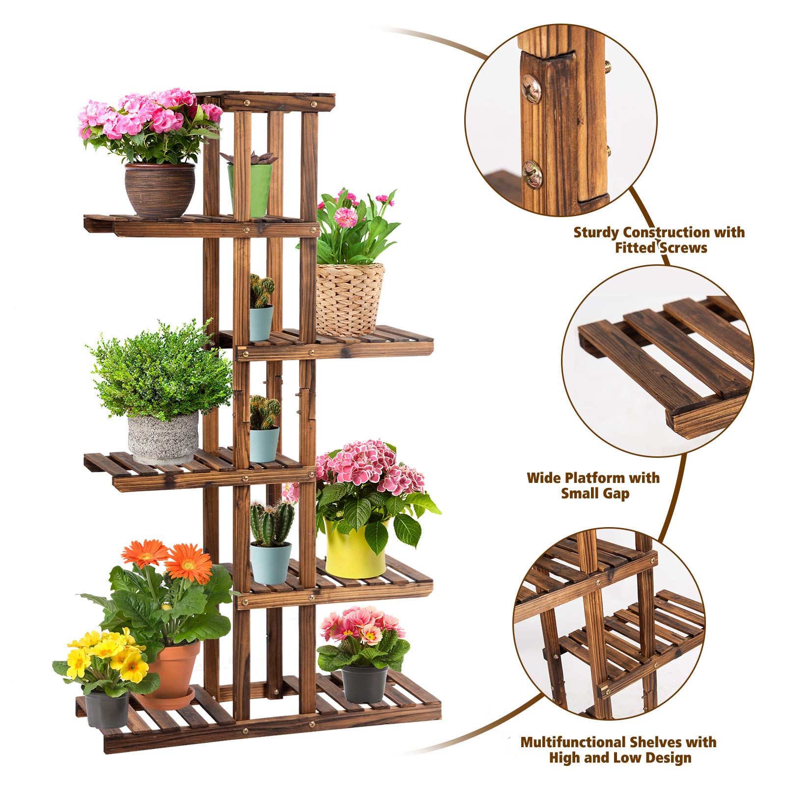 Giantex Flower Rack Wood Plant Stand 7 Wood Shelves 11 Pots Bonsai Display Shelf Indoor Outdoor Yard Garden Patio Balcony Living Room Multifunctional Storage Rack Bookshelf W/Hollow-Out Rack