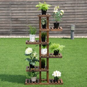 Giantex Flower Rack Wood Plant Stand 7 Wood Shelves 11 Pots Bonsai Display Shelf Indoor Outdoor Yard Garden Patio Balcony Living Room Multifunctional Storage Rack Bookshelf W/Hollow-Out Rack