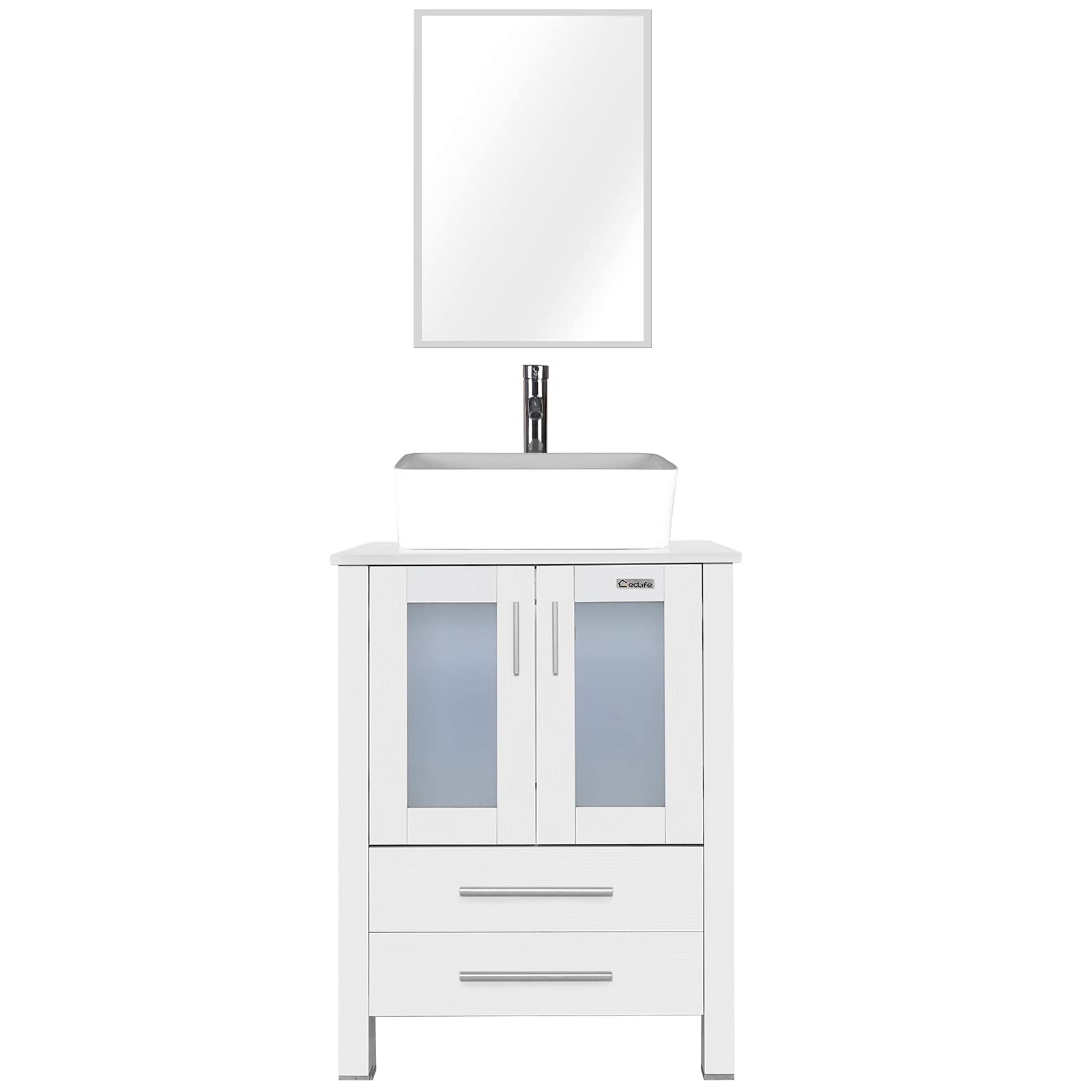 eclife 24" Bathroom Vanity Sink Combo White Stand Cabinet Rectangle White Ceramic Vessel Sink & Chrome Water Save Faucet & Solid Brass Pop Up Drain with Mirror (T03 B02W)