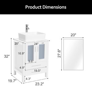 eclife 24" Bathroom Vanity Sink Combo White Stand Cabinet Rectangle White Ceramic Vessel Sink & Chrome Water Save Faucet & Solid Brass Pop Up Drain with Mirror (T03 B02W)