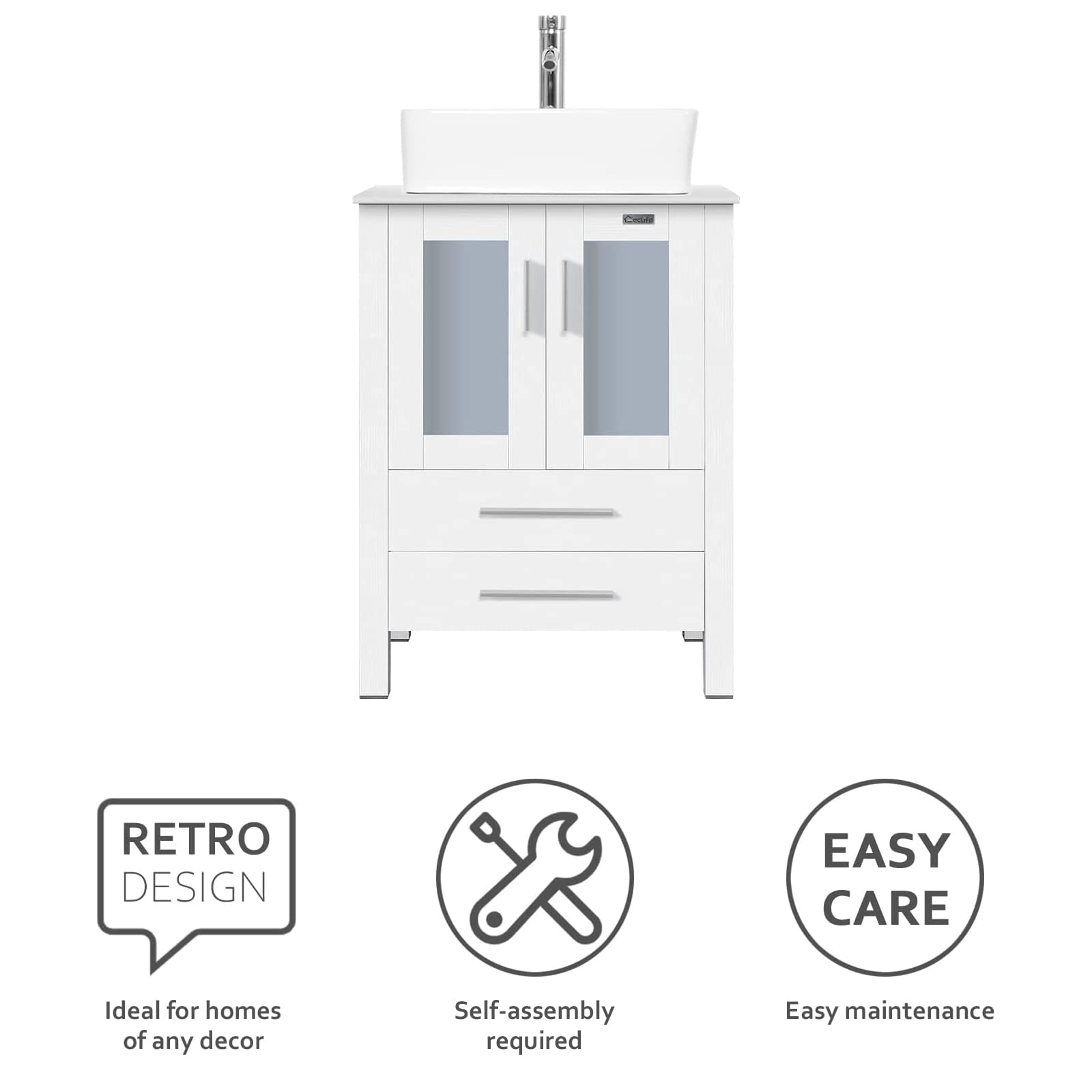 eclife 24" Bathroom Vanity Sink Combo White Stand Cabinet Rectangle White Ceramic Vessel Sink & Chrome Water Save Faucet & Solid Brass Pop Up Drain with Mirror (T03 B02W)