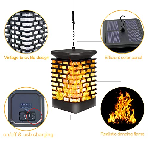 Arzerlize Solar Lanterns Outdoor Hanging Lights Waterproof, Usb or Solar Powered Flickering Flame Hanging Lantern Lights Outdoor Christmas Decoration for Garden Patio Porch Camper Deck 99LED Yellow 2P