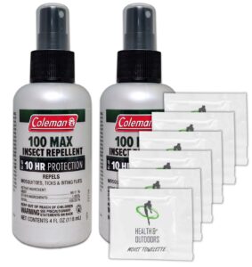 coleman max 100% deet insect repellent - 4 oz pump - pack of 2 - w/ (6) healthandoutdoor hand wipesq