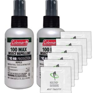 Coleman Max 100% Deet Insect Repellent - 4 oz Pump - Pack of 2 - w/ (6) Healthandoutdoor Hand WipesQ