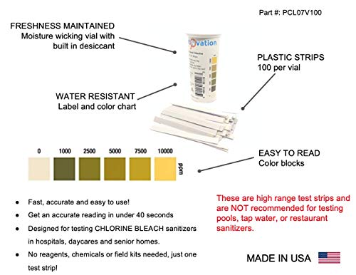 Extra High-Level Chlorine Test Strips, 0-10,000 ppm [Vial of 100 Strips]