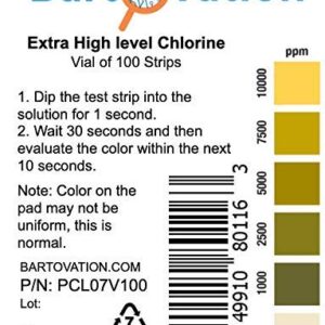 Extra High-Level Chlorine Test Strips, 0-10,000 ppm [Vial of 100 Strips]