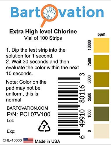 Extra High-Level Chlorine Test Strips, 0-10,000 ppm [Vial of 100 Strips]