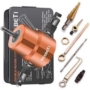 rexbeti double headed sheet metal nibbler, drill attachment metal cutter with extra punch and die, 1 cutting hole accessory and 1 step drill bit, perfect for straight curve and circle cutting (gold)