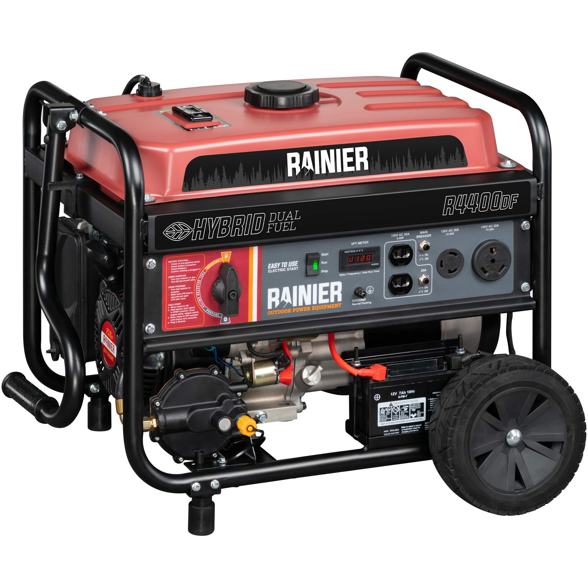 RAINIER R4400DF Dual Fuel (Gas and Propane) Portable Generator with Electric Start - 4400 Peak Watts & 3600 Rated Watts - CARB Compliant