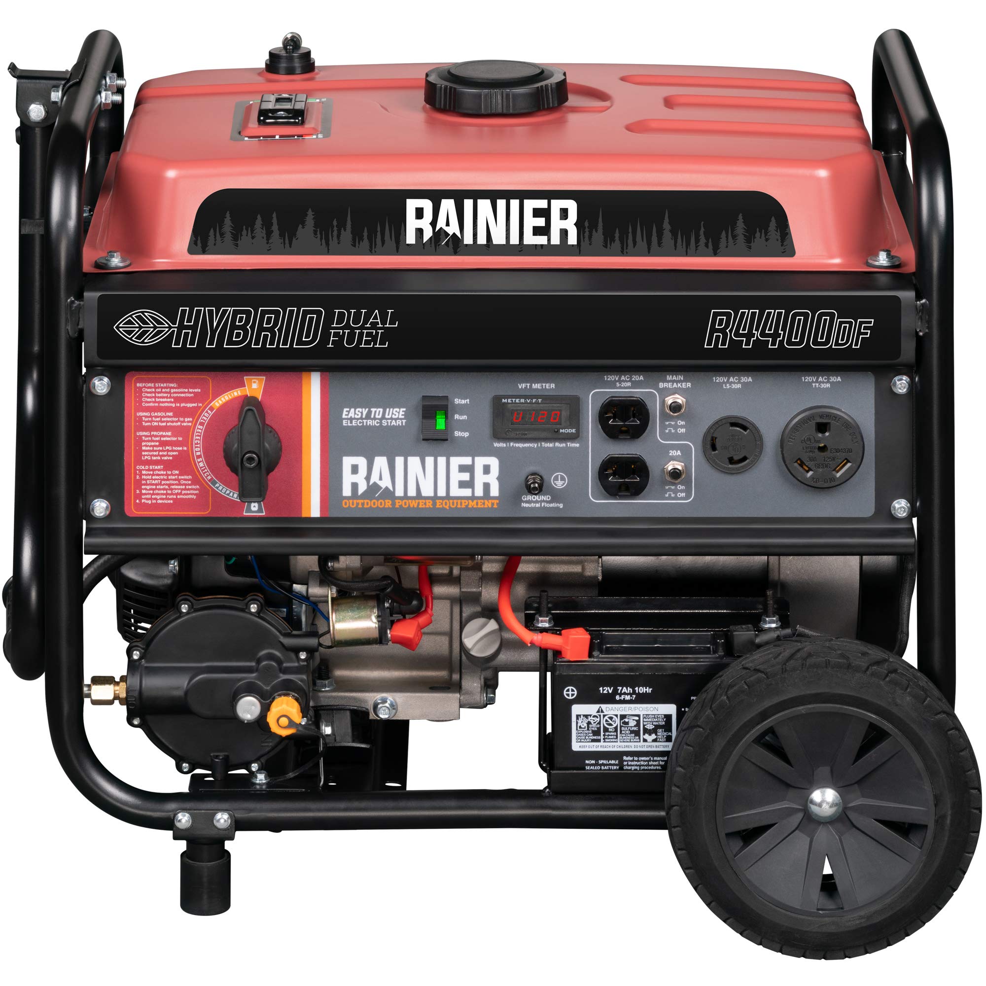 RAINIER R4400DF Dual Fuel (Gas and Propane) Portable Generator with Electric Start - 4400 Peak Watts & 3600 Rated Watts - CARB Compliant