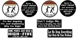 8 pcs warning funny hard hat stickers decals helmet, hardhat, tool box stickers. 2 inches, 100% pvc.