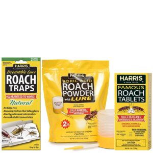 harris roach kit value pack - includes 32oz acid roach killer with powder duster, 6oz roach tablets with lure, and 2-pack roach glue traps