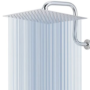voolan rain shower head with goose neck curve arm, all metal waterfall rainfall showerhead, high flow bathroom square large shower head (12’’ shower head with 13’’ shower arm, chrome)