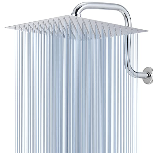 Voolan Rain Shower Head with Goose Neck Curve Arm, All Metal Waterfall Rainfall Showerhead, High Flow Bathroom Square Large Shower Head (12’’ Shower Head with 13’’ Shower Arm, Chrome)