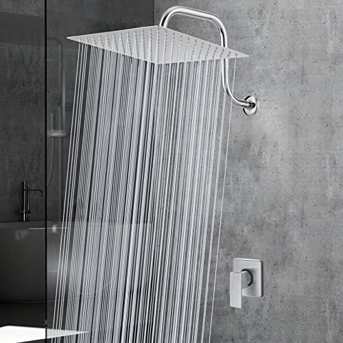 Voolan Rain Shower Head with Goose Neck Curve Arm, All Metal Waterfall Rainfall Showerhead, High Flow Bathroom Square Large Shower Head (12’’ Shower Head with 13’’ Shower Arm, Chrome)