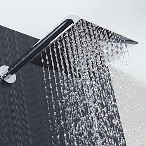 Voolan Rain Shower Head with Goose Neck Curve Arm, All Metal Waterfall Rainfall Showerhead, High Flow Bathroom Square Large Shower Head (12’’ Shower Head with 13’’ Shower Arm, Chrome)